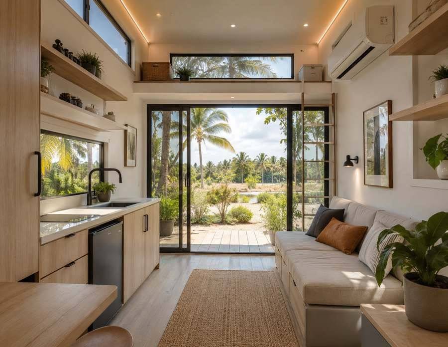 Modern Florida tiny home interior with smart storage